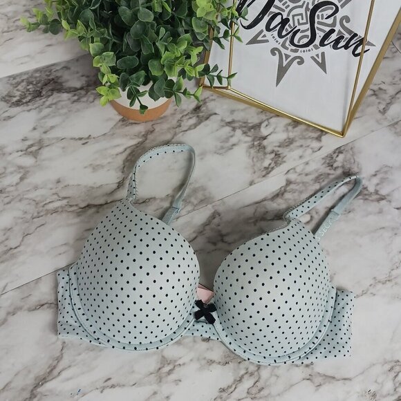 Victoria's Secret Body By Victoria Perfect Shape Bra Blue Black Polka Dot 32D - Picture 1 of 3